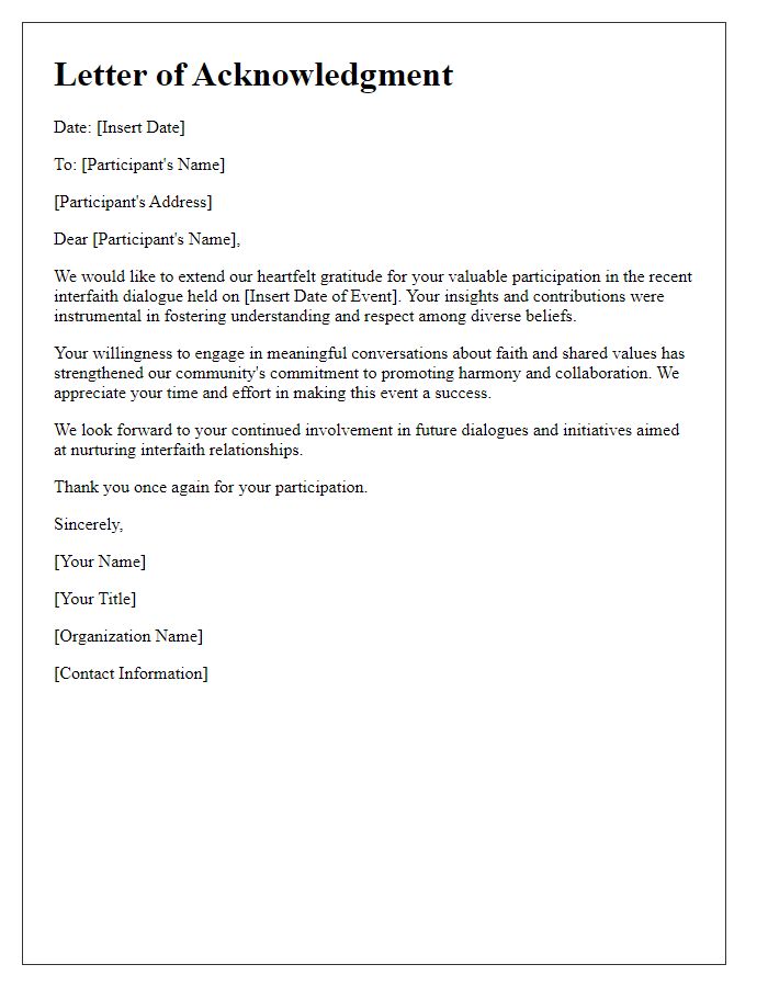 Letter template of acknowledgment for interfaith dialogue participation