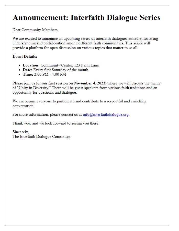 Letter template of announcement for interfaith dialogue series