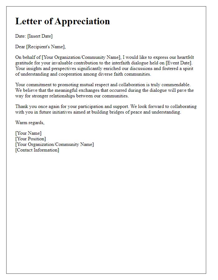 Letter template of appreciation for interfaith dialogue contributors