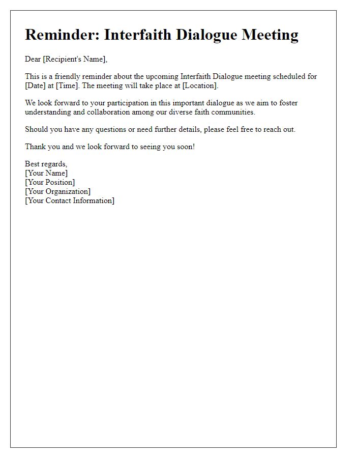 Letter template of reminder for interfaith dialogue meetings