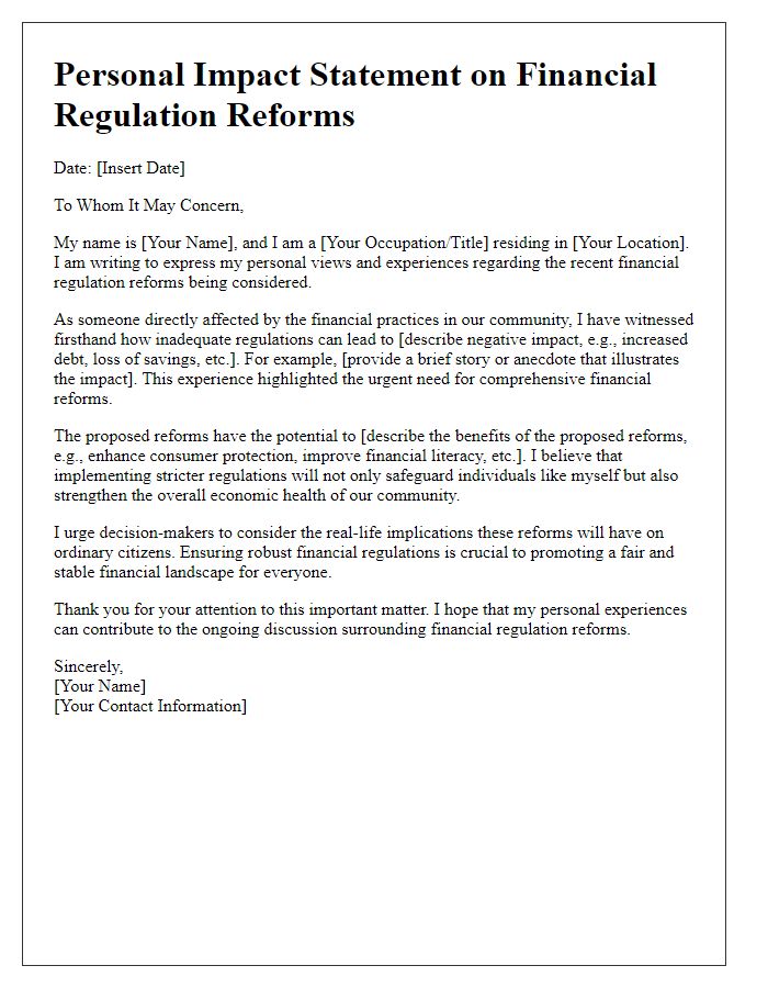 Letter template of personal impact statement regarding financial regulation reforms.