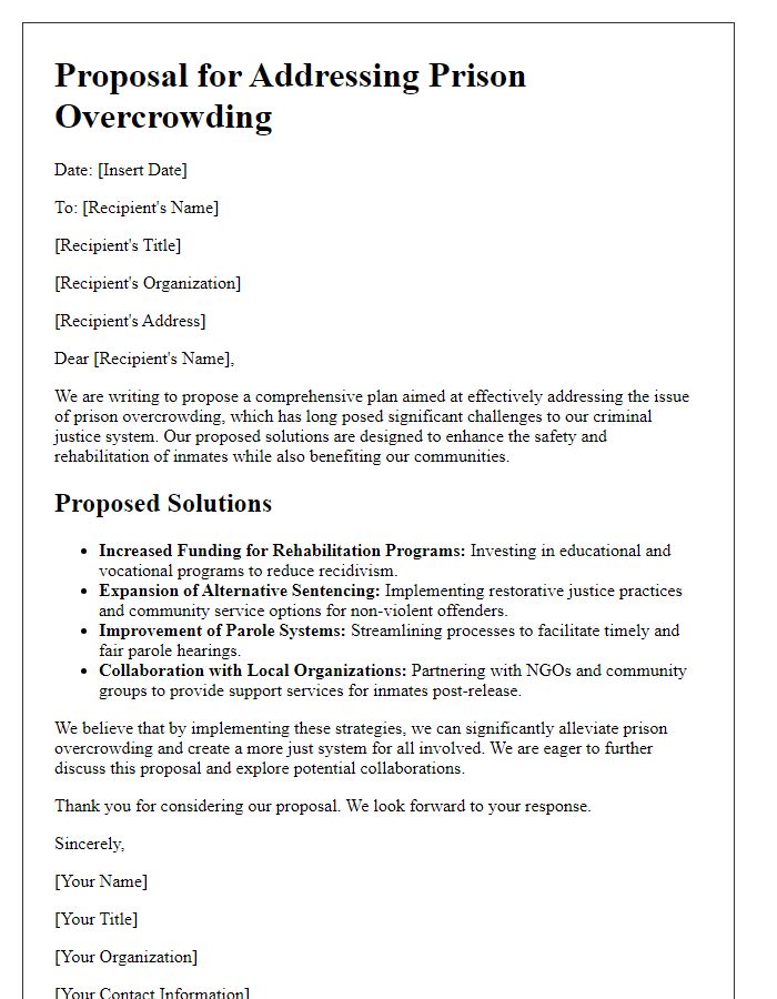 Letter template of proposals for addressing prison overcrowding effectively