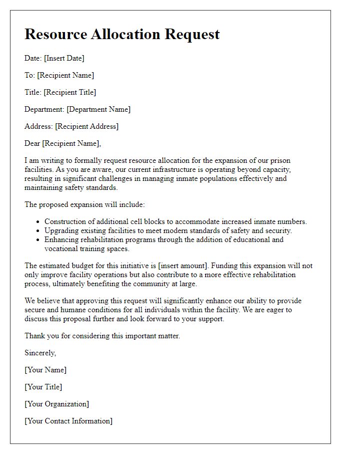 Letter template of resource allocation for expanding prison facilities