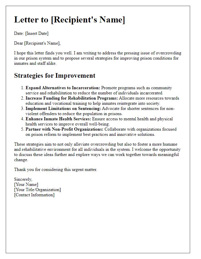 Letter template of strategies for improving prison conditions amidst overcrowding