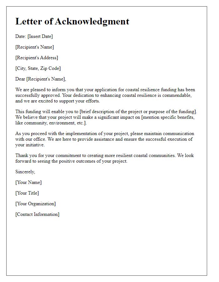 Letter template of acknowledgment for coastal resilience funding recipients