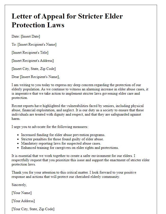 Letter template of appeal for stricter elder protection laws