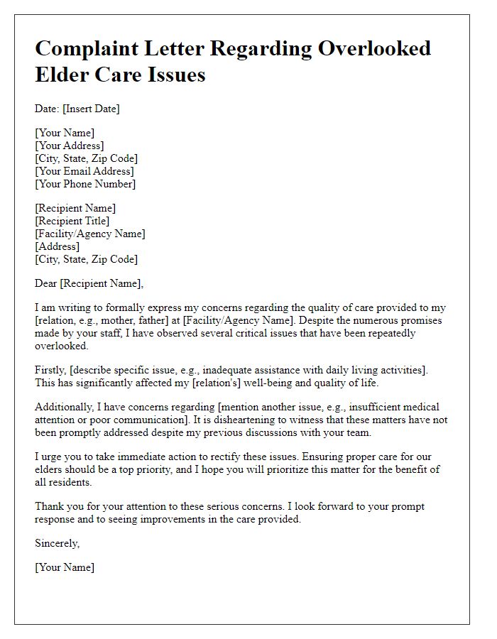 Letter template of complaint about overlooked elder care issues