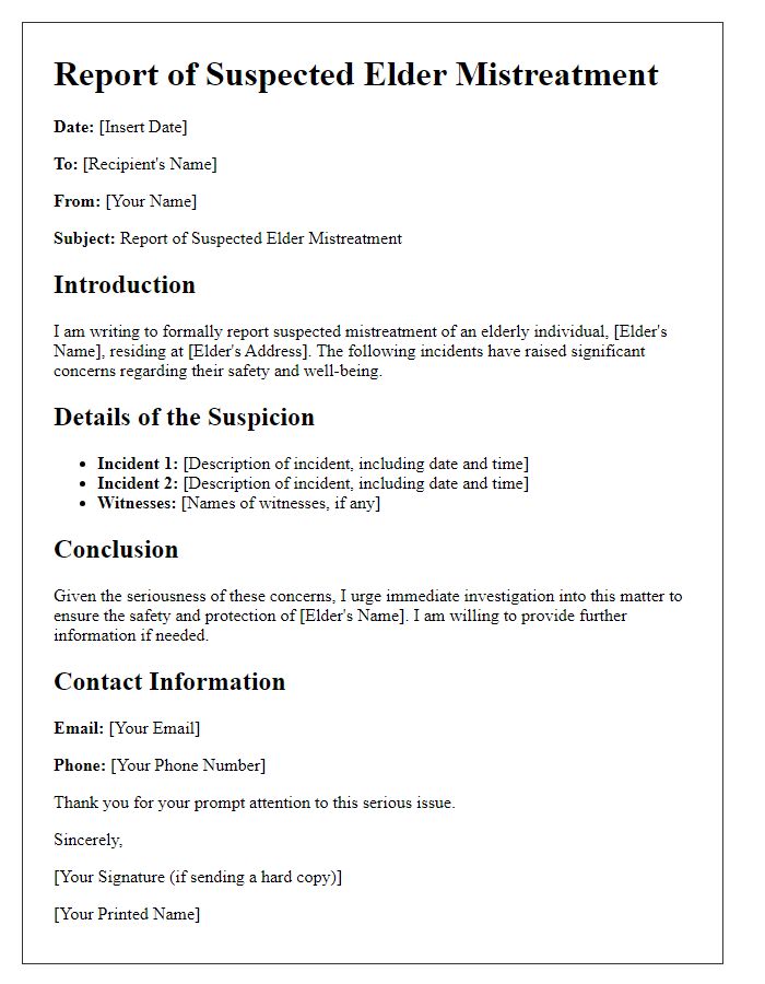 Letter template of report for suspected elder mistreatment