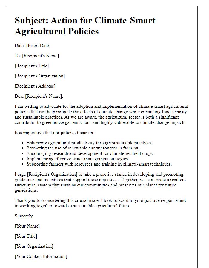 Letter template of action for climate-smart agricultural policies.