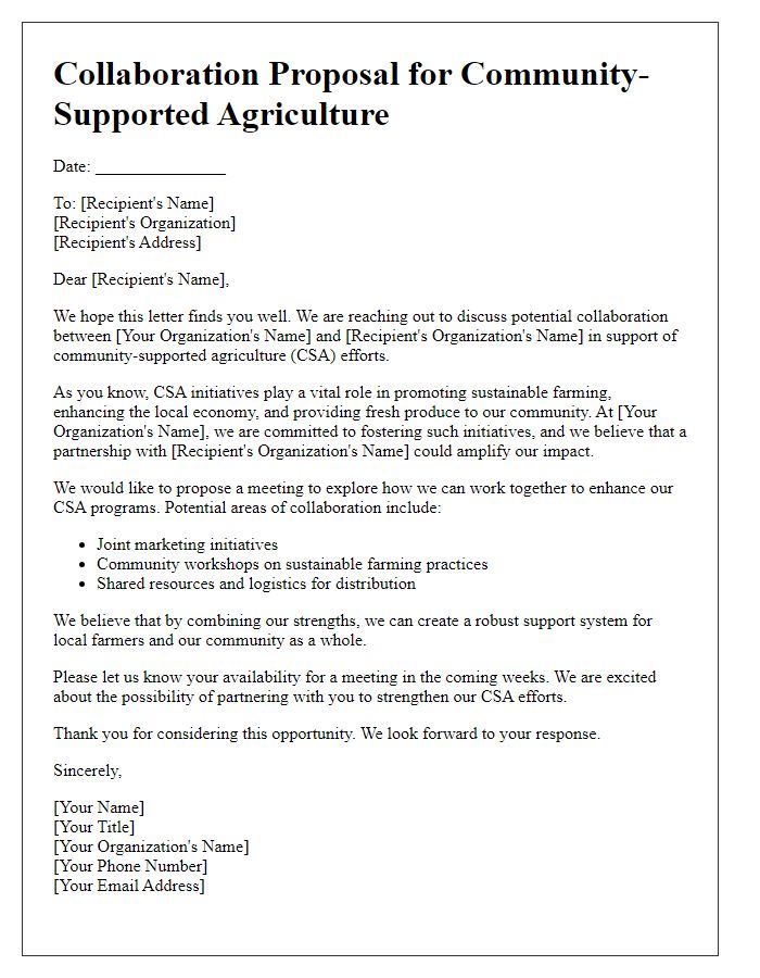 Letter template of collaboration for community-supported agriculture efforts.