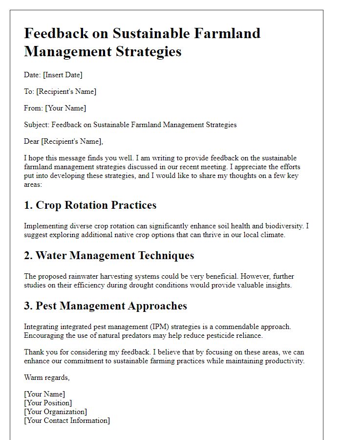 Letter template of feedback on sustainable farmland management strategies.