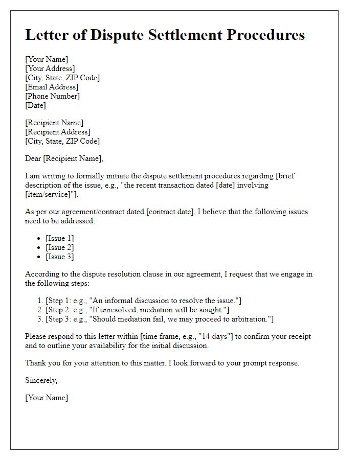 Letter template of dispute settlement procedures