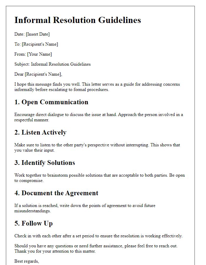 Letter template of informal resolution guidelines