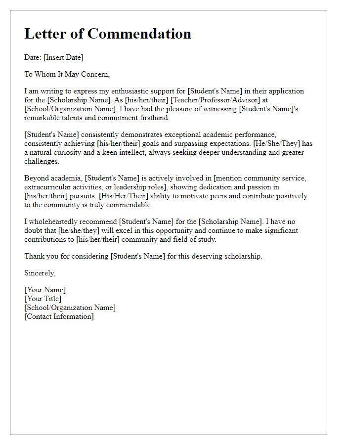 Letter template of commendation for student scholarship applications