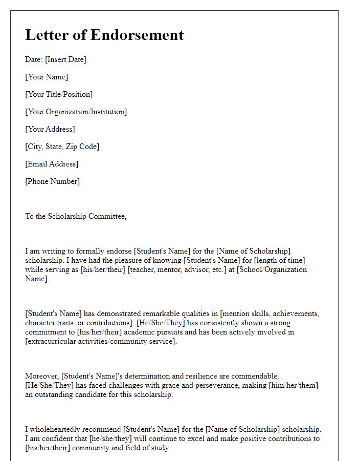 Letter template of endorsement for scholarship committee recommendation