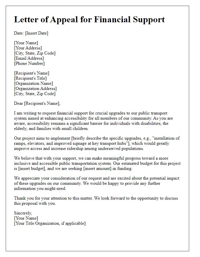 Letter template of appeal for financial support for public transport accessibility upgrades.