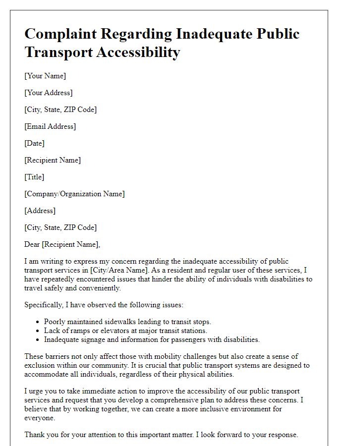 Letter template of complaint regarding inadequate public transport accessibility.