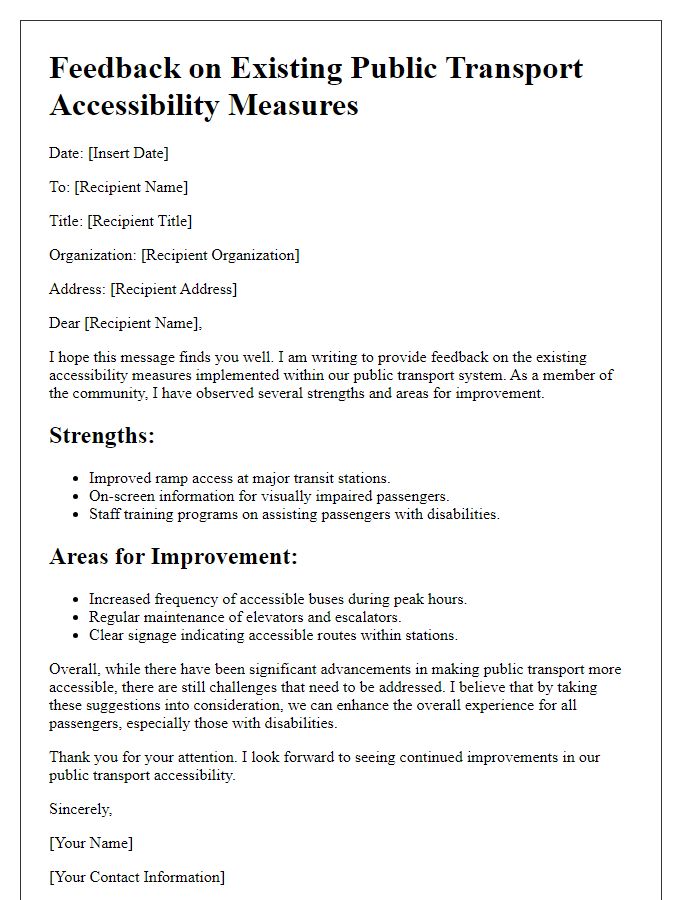 Letter template of feedback on existing public transport accessibility measures.