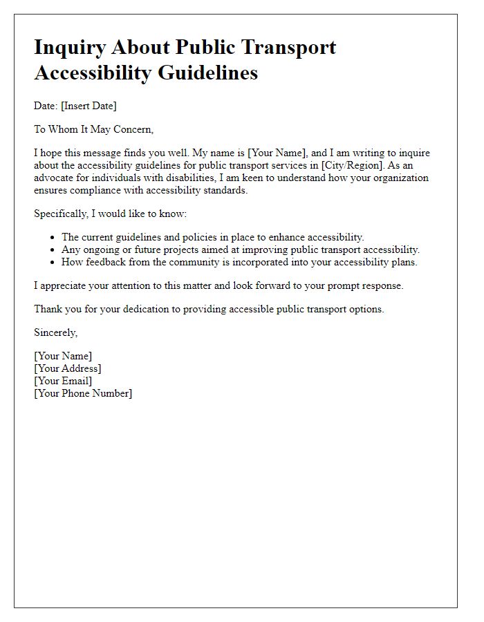 Letter template of inquiry about public transport accessibility guidelines.