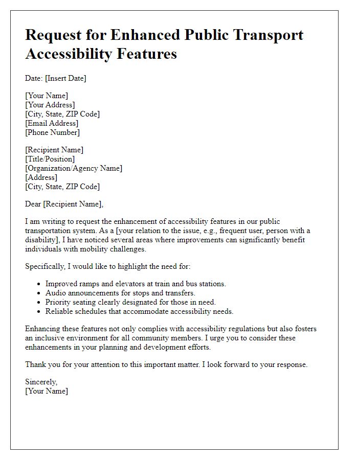 Letter template of request for enhanced public transport accessibility features.