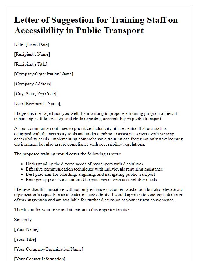 Letter template of suggestion for training staff on accessibility in public transport.