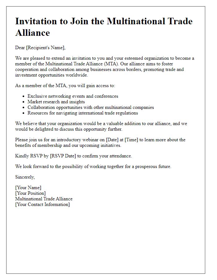 Letter template of Multinational Trade Alliance Invitation