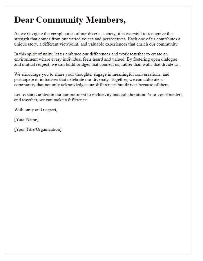 Letter template of unity encouraging diverse voices