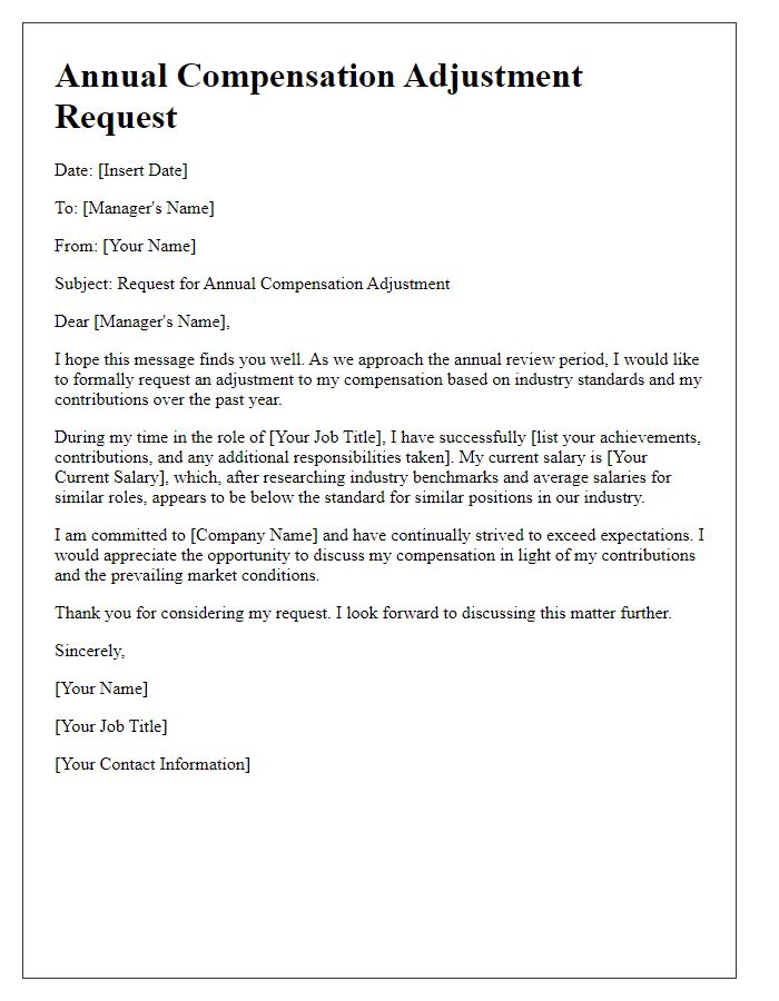 Letter template of annual compensation adjustment request for industry standards.