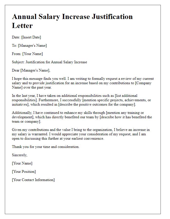 Letter template of annual salary increase justification letter for management.