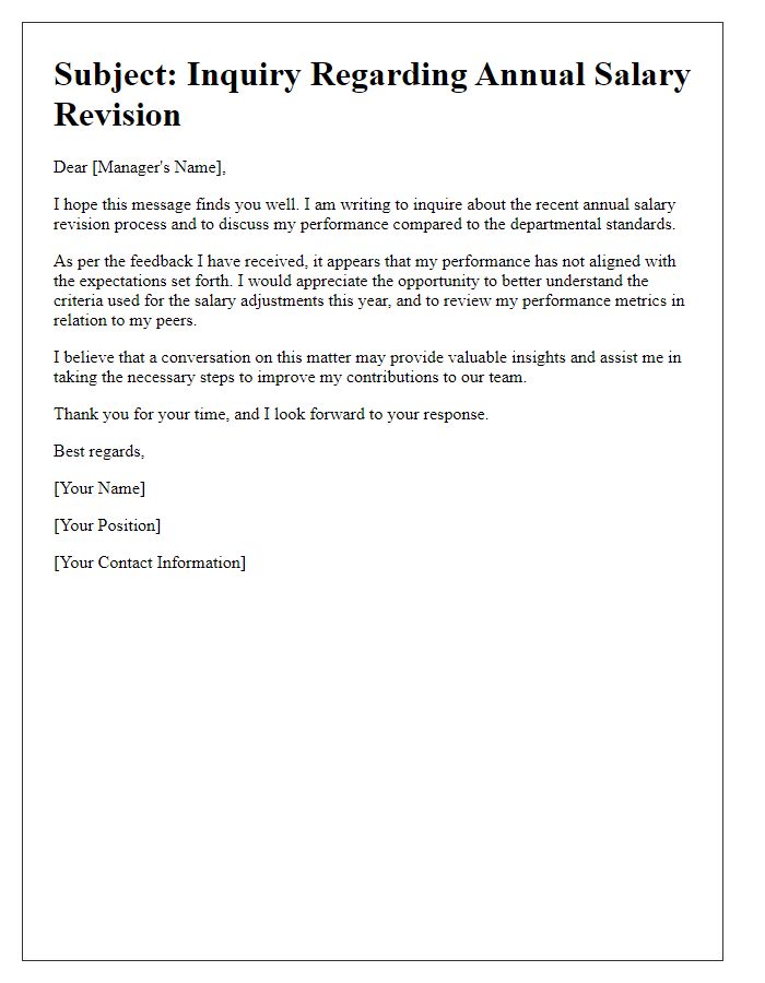 Letter template of annual salary revision inquiry for underperformance comparison.