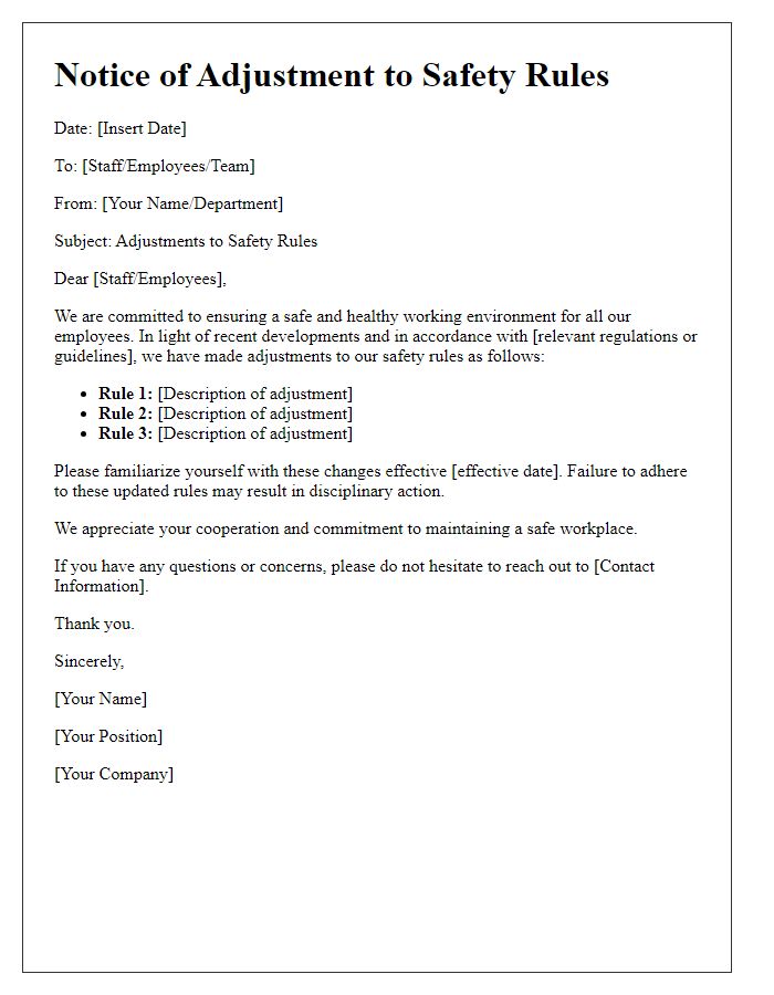 Letter template of adjustments to safety rules