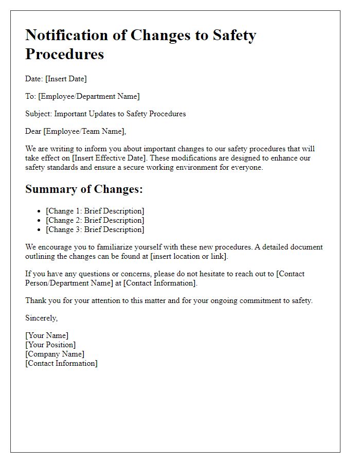 Letter template of changes to safety procedures notification