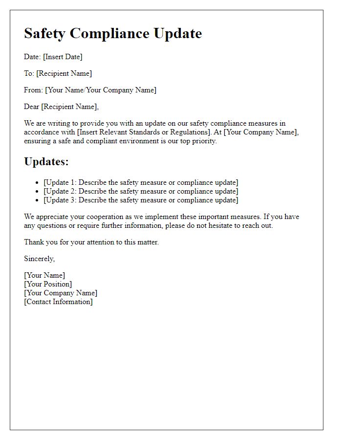 Letter template of safety compliance updates