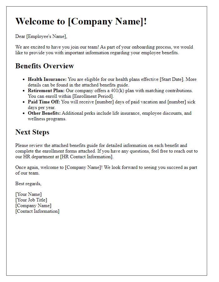 Letter template of benefits information for onboarding employees