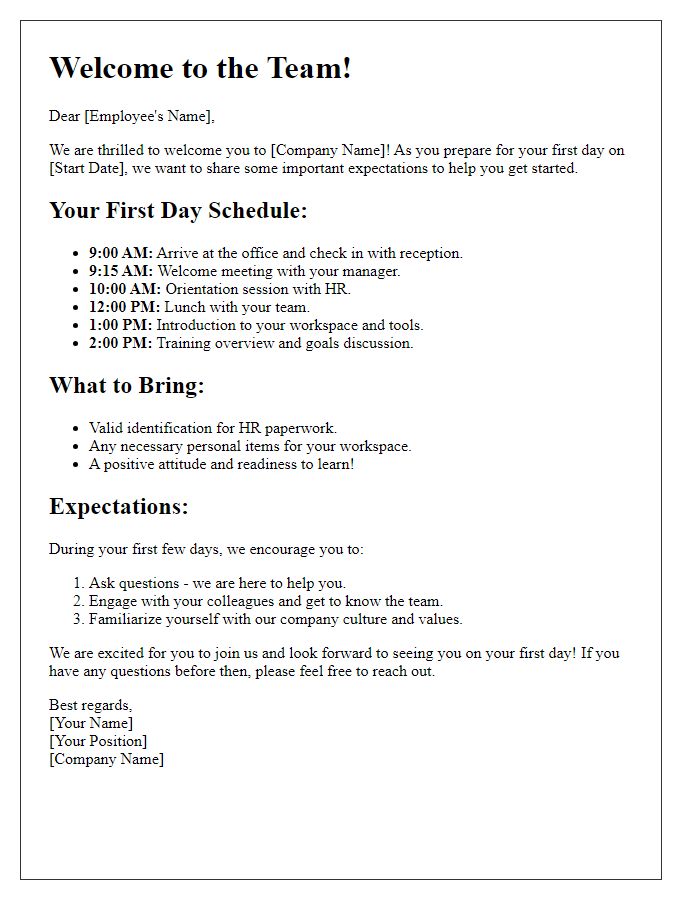 Letter template of first-day expectations for new employee onboarding