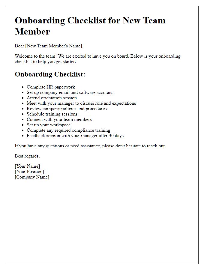 Letter template of onboarding checklist for new team member