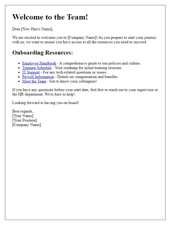 Letter template of onboarding resources for new hires