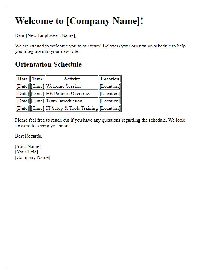 Letter template of orientation schedule for new employee integration