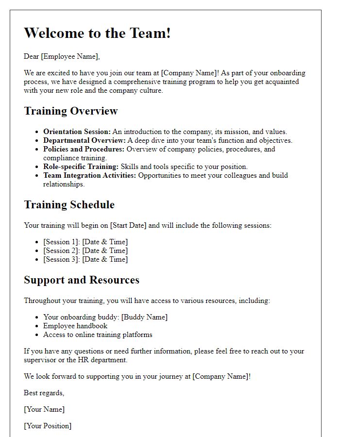 Letter template of training overview for new staff onboarding