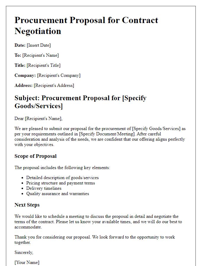 Letter template of procurement proposal for contract negotiation