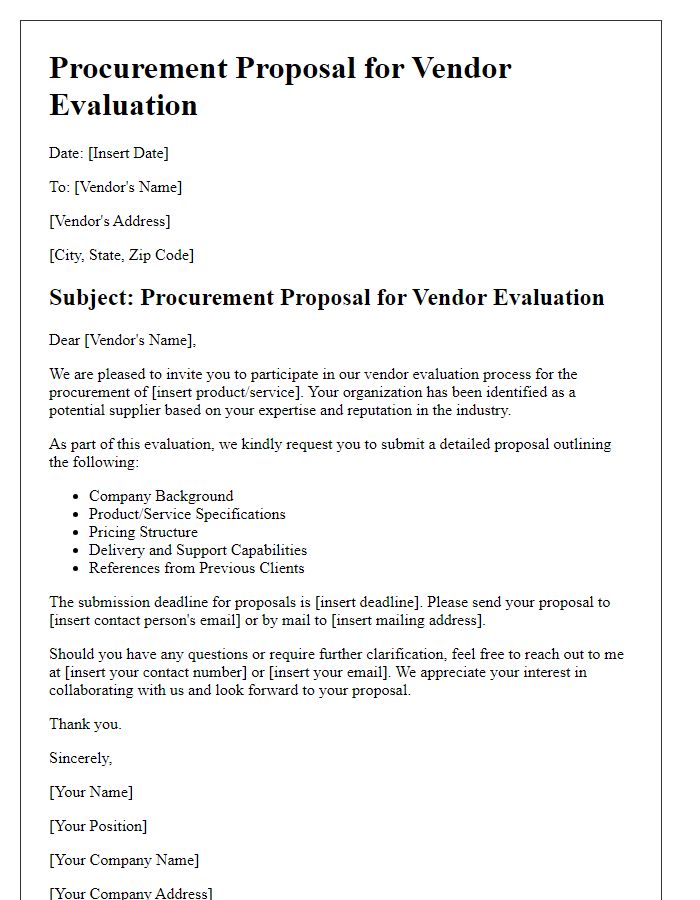 Letter template of procurement proposal for vendor evaluation