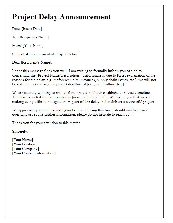 Letter template of formal project delay announcement