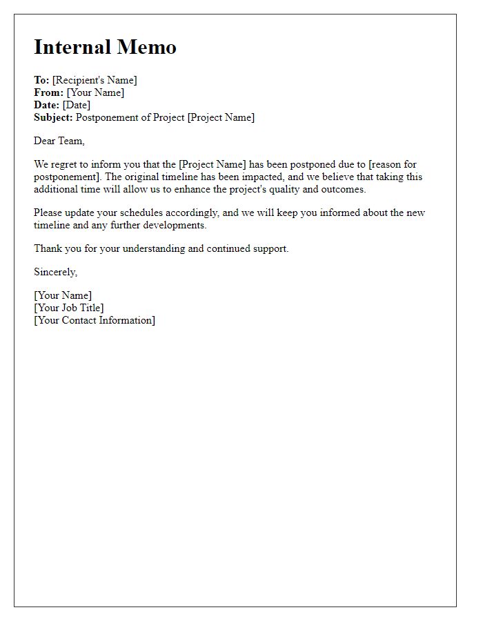 Letter template of internal memo on project postponement