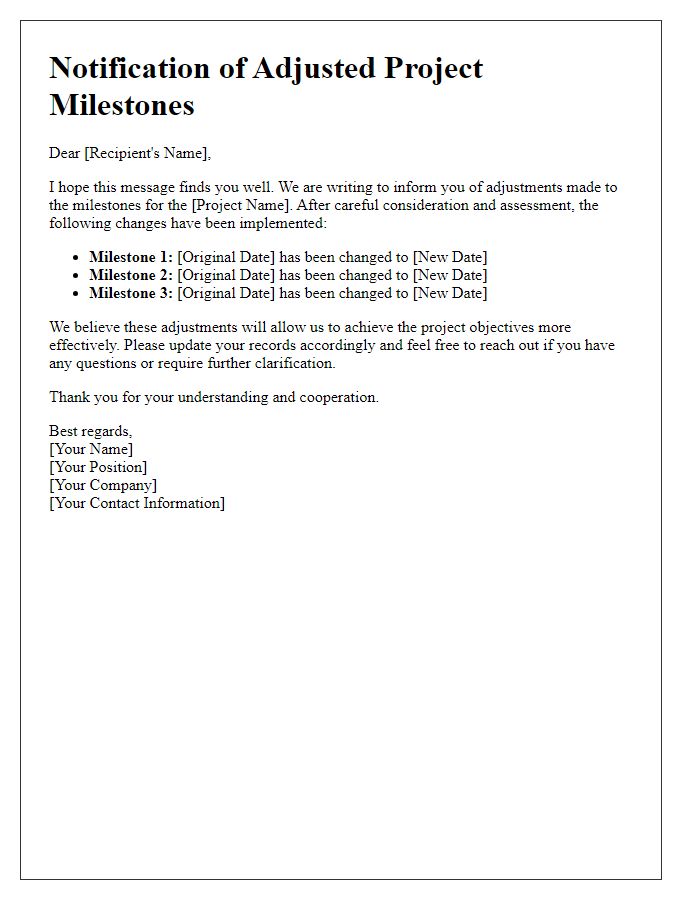 Letter template of notification for adjusted project milestones