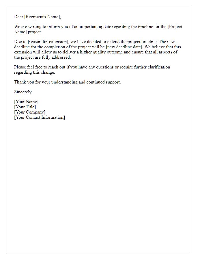 Letter template of notification regarding project timeline extension