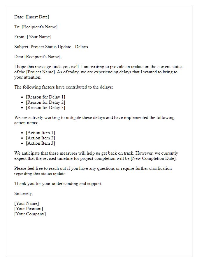 Letter template of project status update focusing on delays