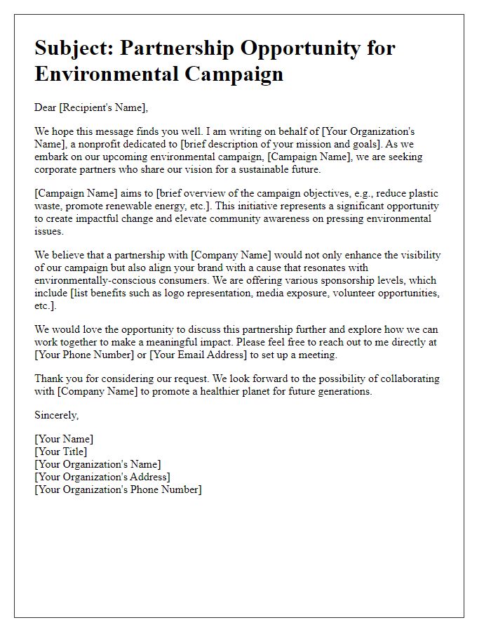 Letter template of corporate sponsorship appeal for environmental campaign.