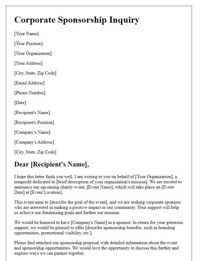 Letter template of corporate sponsorship inquiry for charity event.