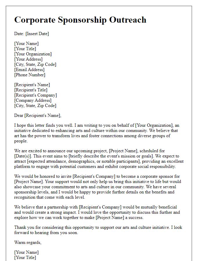 Letter template of corporate sponsorship outreach for arts and culture initiative.