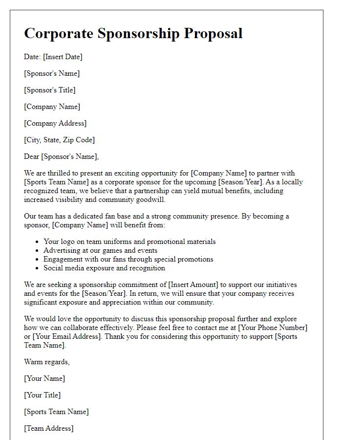 Letter template of corporate sponsorship proposal for sports team.